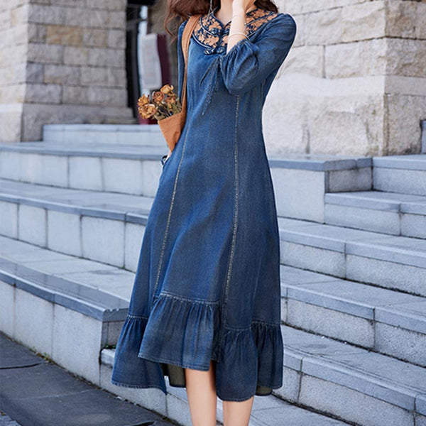 Embroidery frog buckle belted mermaid denim dresses