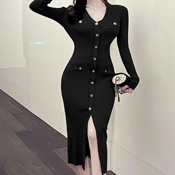 Solid knitting button v-neck long sleeve split bodycon dresses