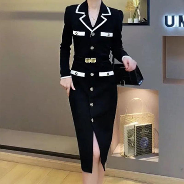 Stylish color contrast lapel single breasted slim dresses