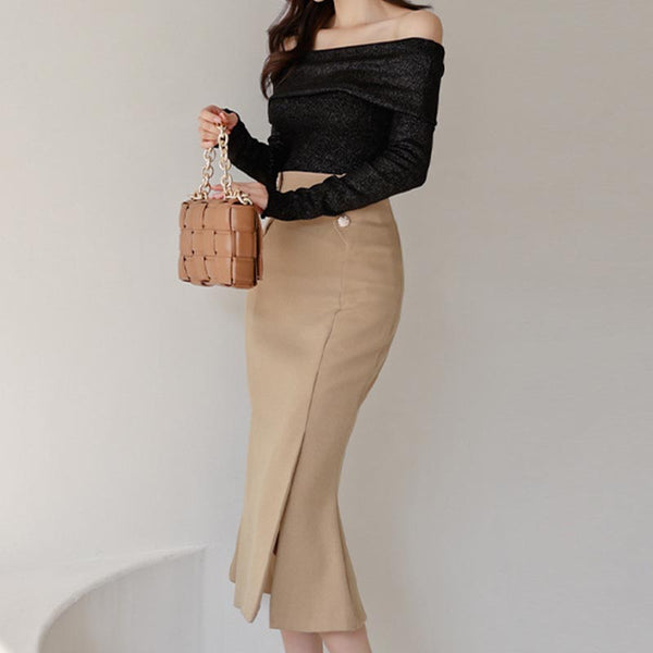 Elegant off-the-shoulder peplum skirt suits