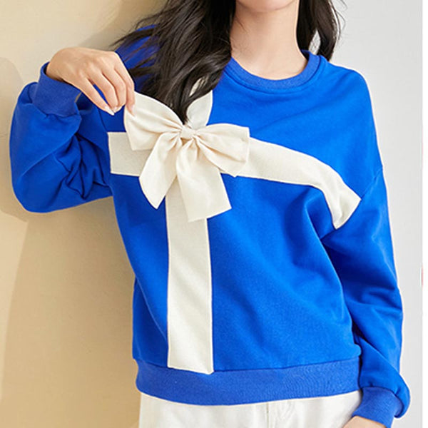 Chic patch bowknot crew neck long sleeve sweaters