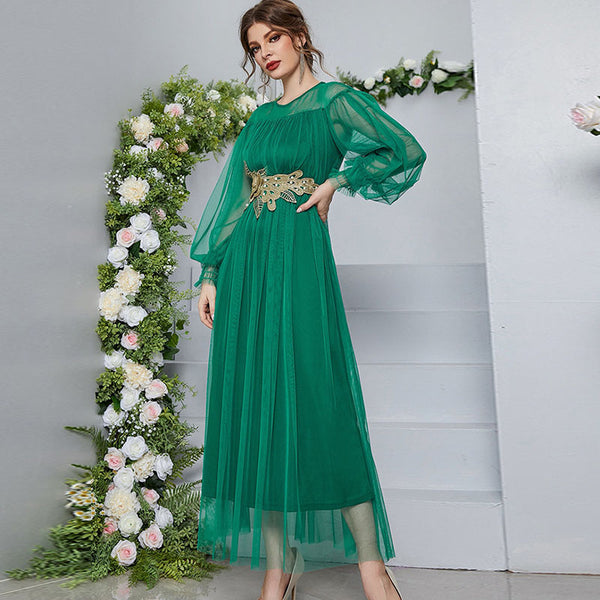 Elegant mesh lantern sleeve maxi dresses