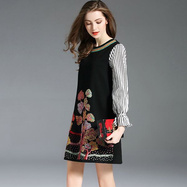 Stripped embroidered patchwork a-line dress