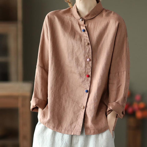 Vintage slanted placket colorful buttons linen blouses