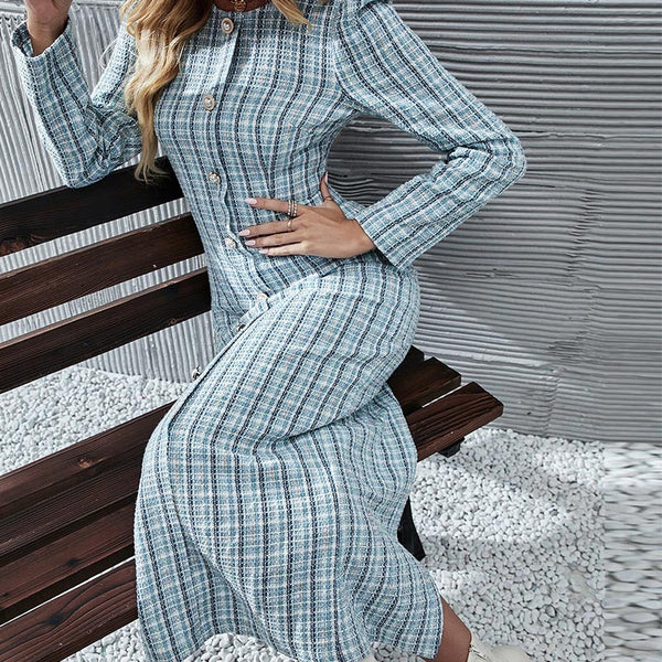 Stylish office single breasted crew neck long sleeve bodycon dresses