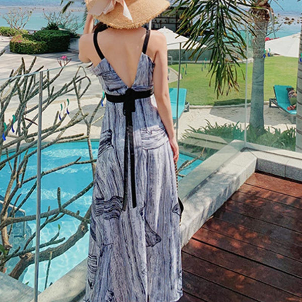 Chiffon print backless strap maxi dresses