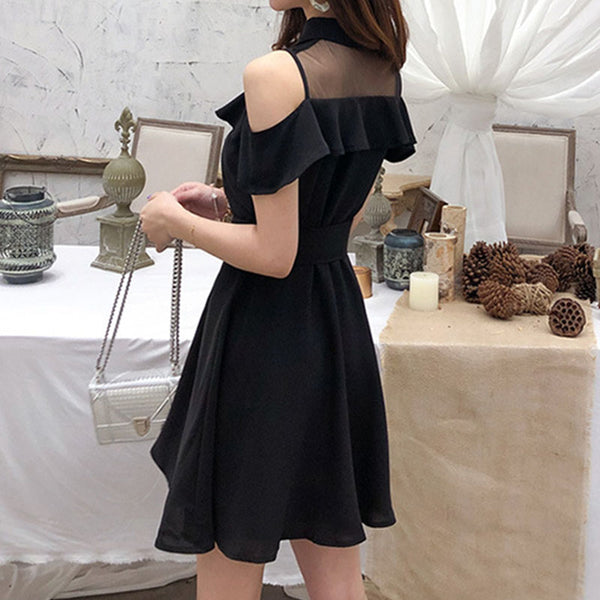 Turn-down collar cold shoulder black a-line mini dresses