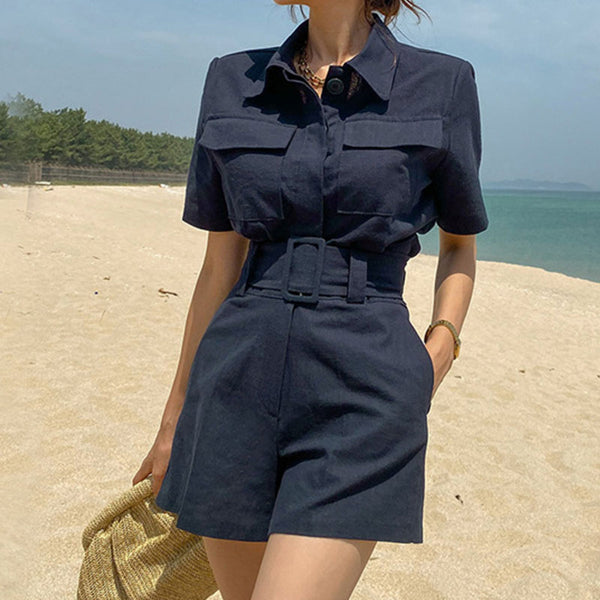 Solid turn-down collar single-breasted short pant suits