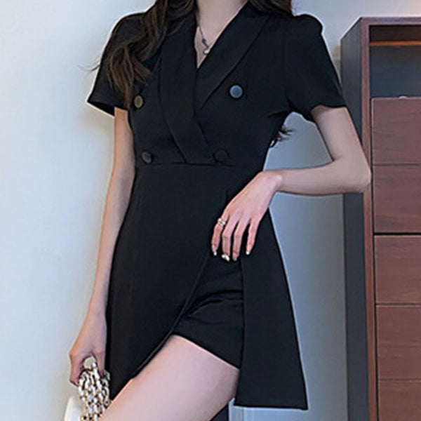 Solid lapel mini a-line dresses with shorts