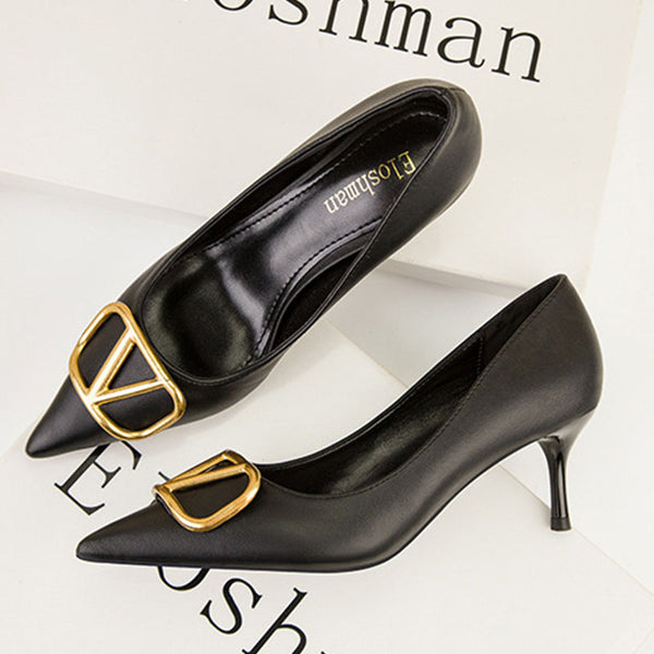 Metal letter embellished pointed toe heels