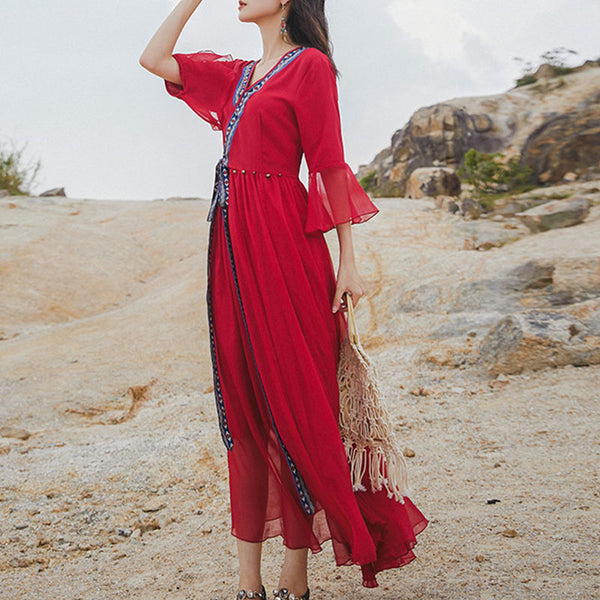 Red boho v-neck chiffon beach maxi dresses