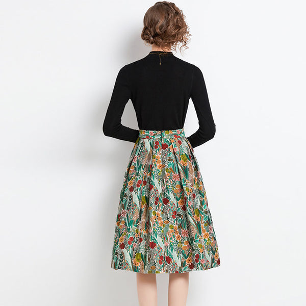 Mock neck long sleeve solid tops & print skirts