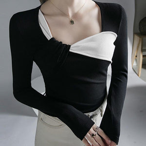 Chic color contrast crew neck long sleeve tops