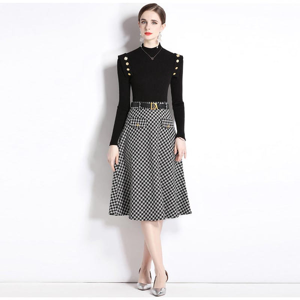 Elegant solid mock neck long sleeve knitting tops and plaid a-line skirts suits