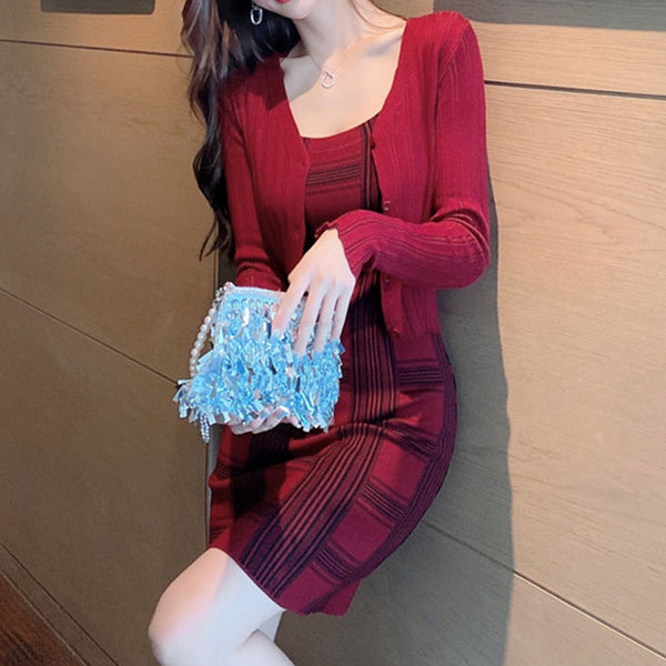Plaid sheath slip dresses with knitted coat
