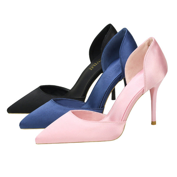 Satin both side cut out pointed toe heels