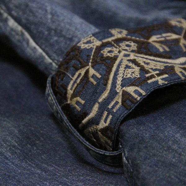 Retro embroidery belt denim dresses
