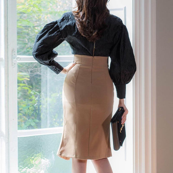 Crew neck puff sleeve solid skirt suits