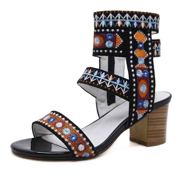 Ethnic side zipper block heel sandals