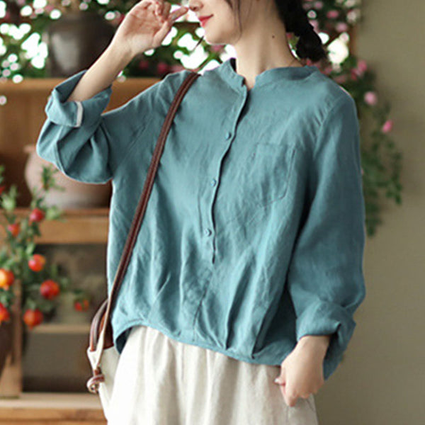 Retro linen mock neck long sleeve blouses