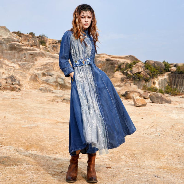 Vintage patch embroidery mong sleeve denim dresses