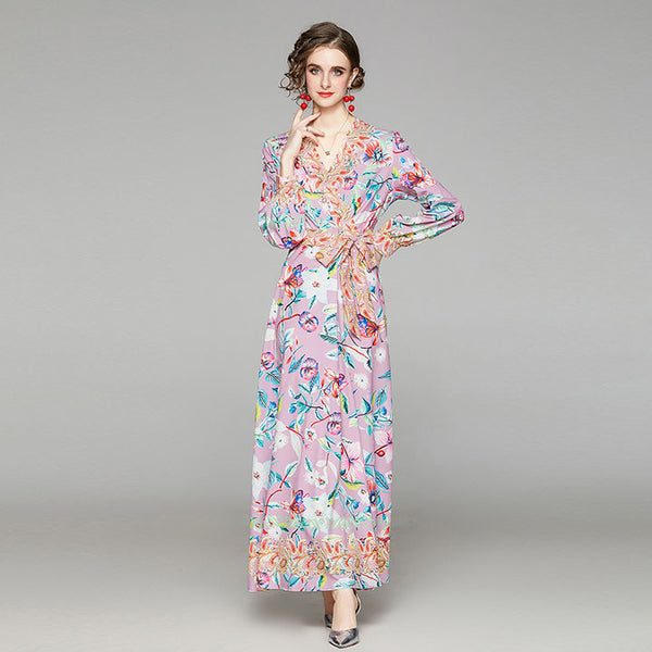 V neck long sleeve print bow tie maxi dresses