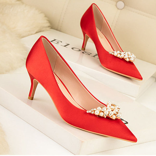 Low fronted diamante embellishment satin pointed heels