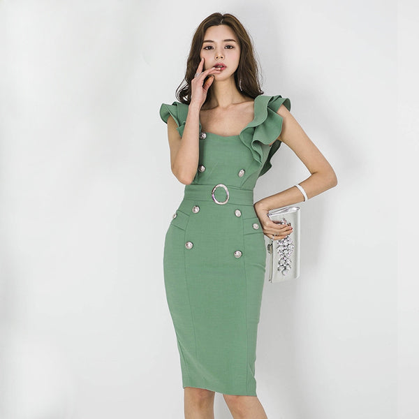 Square neck belted falbala bodycon dresses