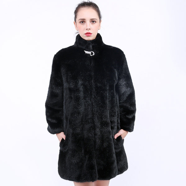Stand collar buckle fake fur coats