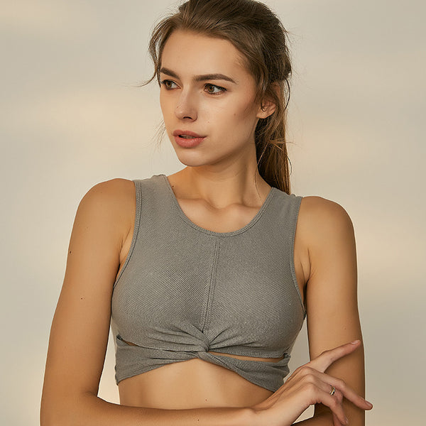 Crew neck knot crop quick-dry ribbed sports bras