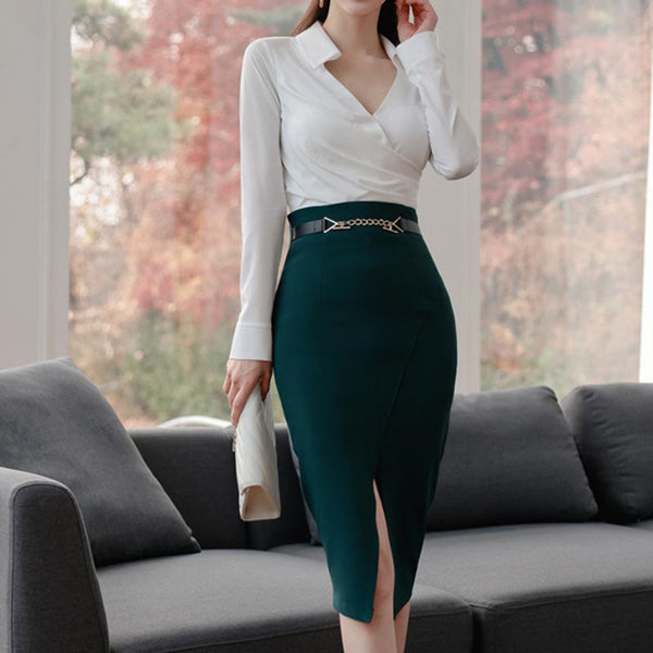 V-neck high waisted split skirt suits