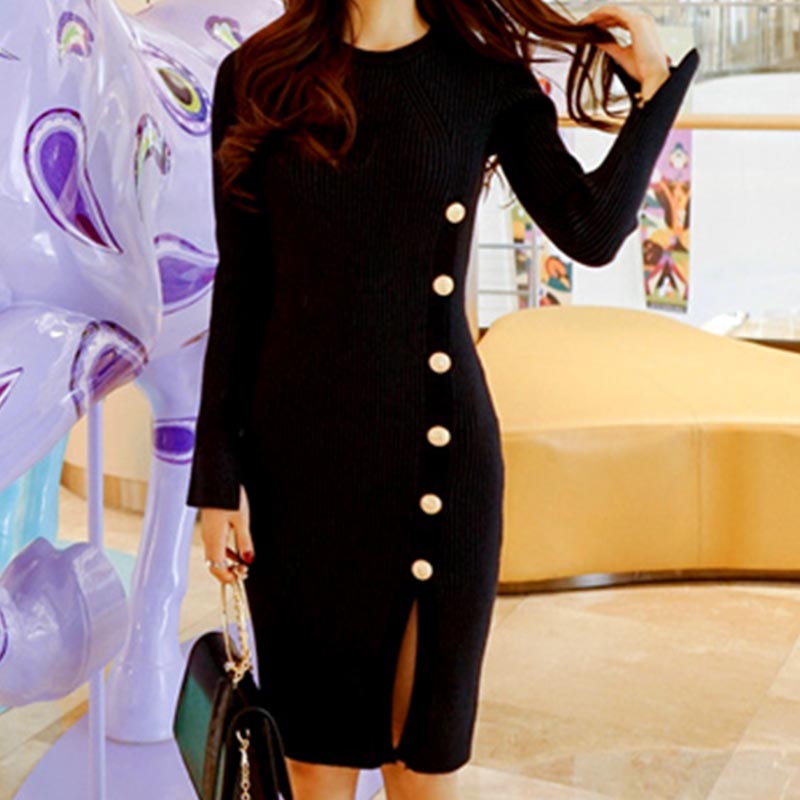 Crew neck solid split knitted bodycon dresses