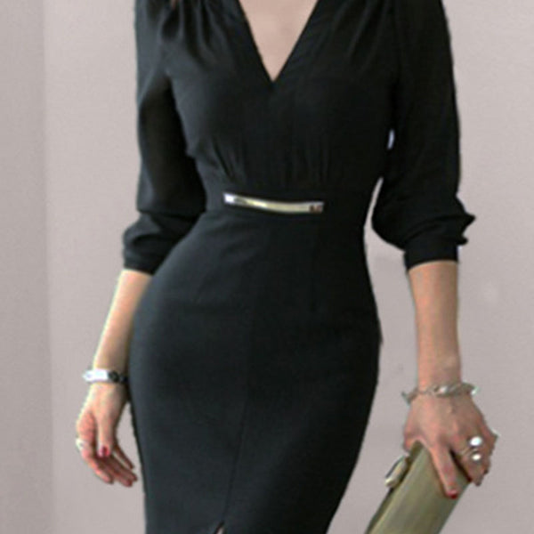 V-neck long sleeve black sheath dresses