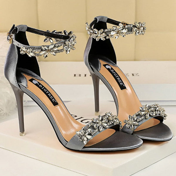 Pointed toe rhinestone embellished stiletto sandals