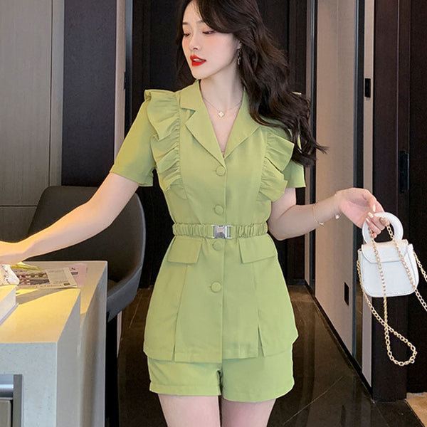Solid ruffled lapel short sleeve blouses and pocket short pants suits