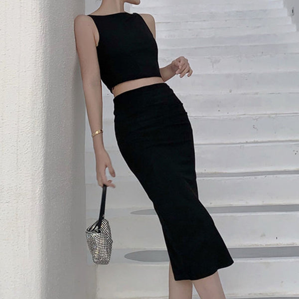 Sexy solid boat neck split skirt suits