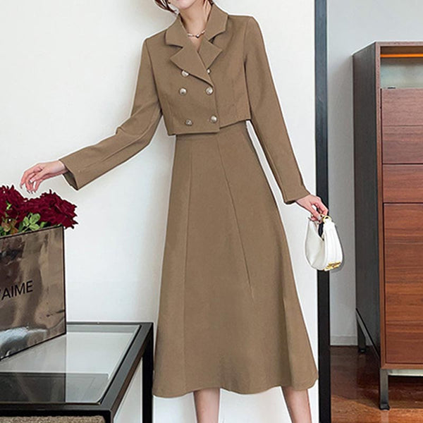 Solid lapel long sleeve short blazers and high wasit a-line skirts suits