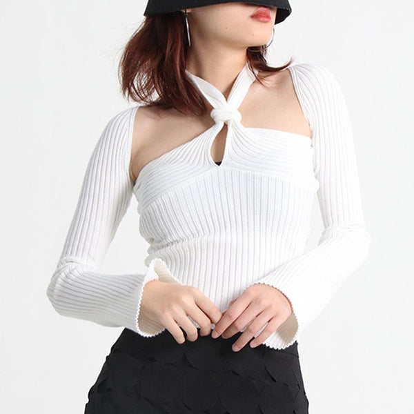 Solid hollow out halter knitting tops