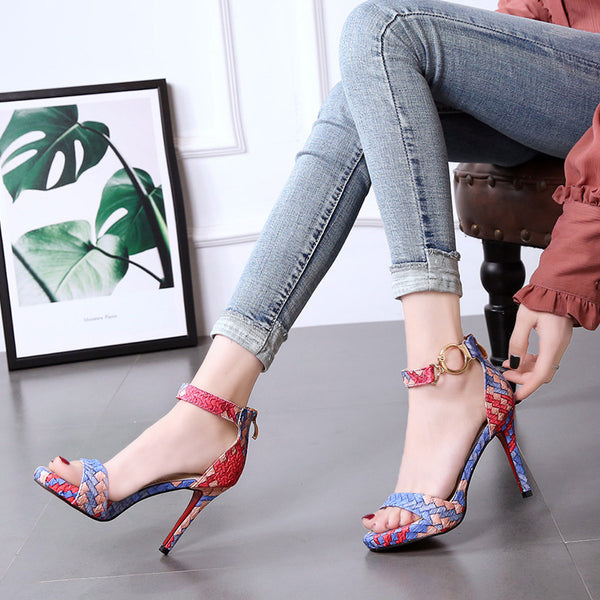 Color matching braided ankle strap open toe heeled sandals