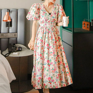 Puff sleeve floral cinched waist a-line dresses