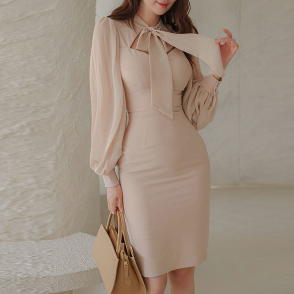 Lantern sleeve sheath dresses with front tie