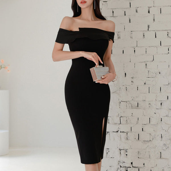 Black off-the-shoulder sheath dresses