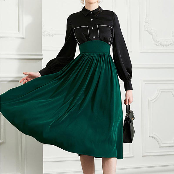 Vintage patch lapel long sleeve high waist a-line dresses