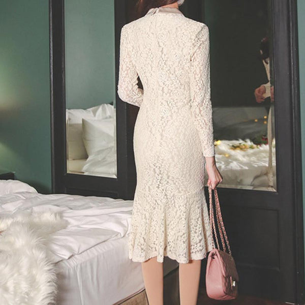 Lapel solid lace elegant cinched waist peplum dresses