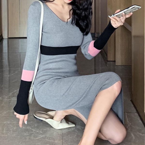 V neck solid sexy sweater bodycon dresses