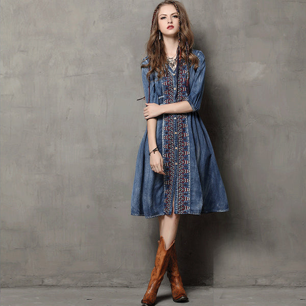 Denim embroidery single-breasted dresses