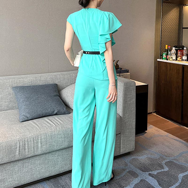 Pure color short sleeve tops and high waist wide leg pants suits