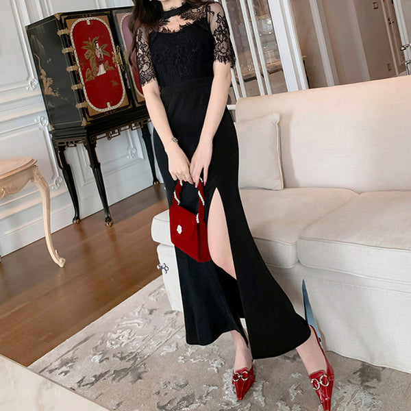 Mock neck lace patchwork split black maxi dresses