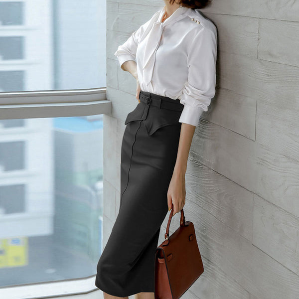 Satin long sleeve shirt belted pencil skirt suits