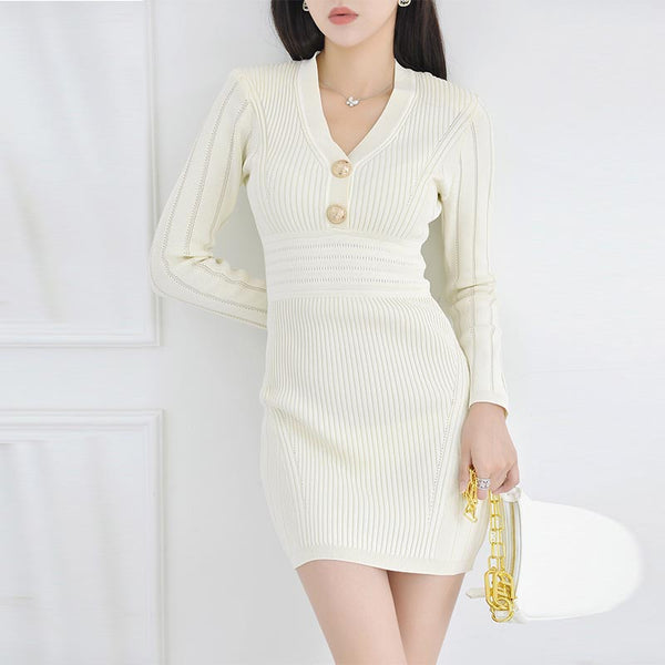 Brief solid v-neck long sleeve knitting dresses